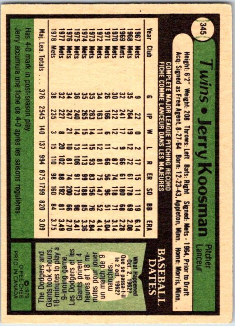 1979 OPC Baseball #345 Jerry Koosman  New York Mets  V50543 Image 2