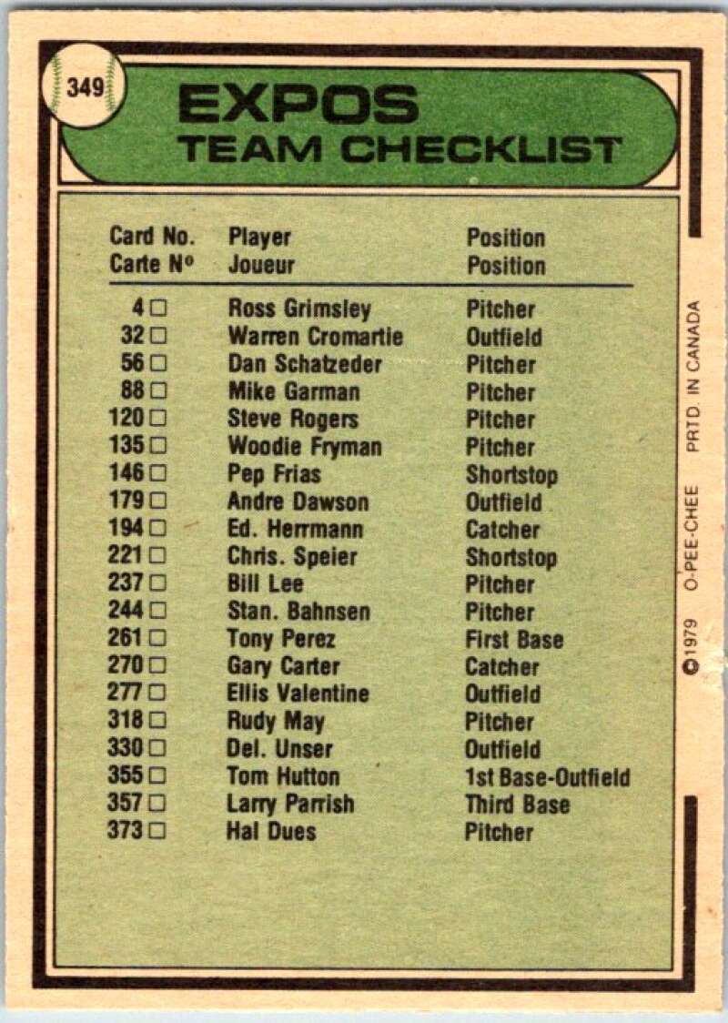 1979 OPC Baseball #349 Montreal Expos Team/Dick Williams MG V50547 Image 2