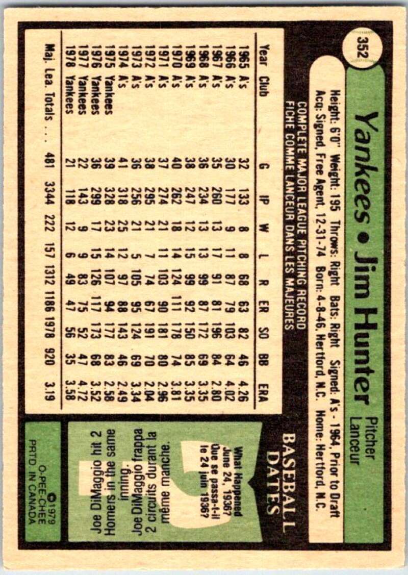 1979 OPC Baseball #352 Jim Hunter DP New York Yankees V50552 Image 2