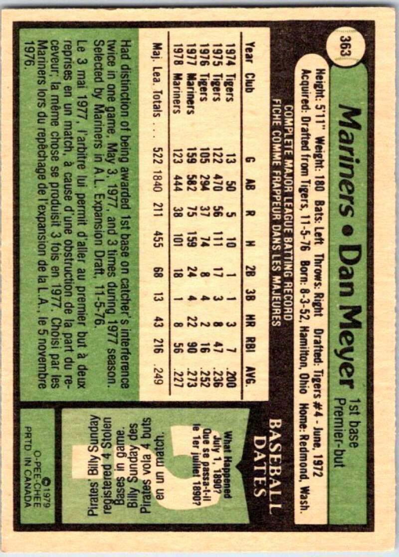 1979 OPC Baseball #363 Dan Meyer DP  Seattle Mariners  V50559 Image 2