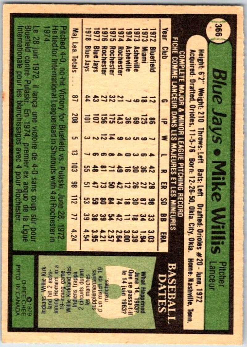 1979 OPC Baseball #366 Mike Willis  Toronto Blue Jays  V50561 Image 2