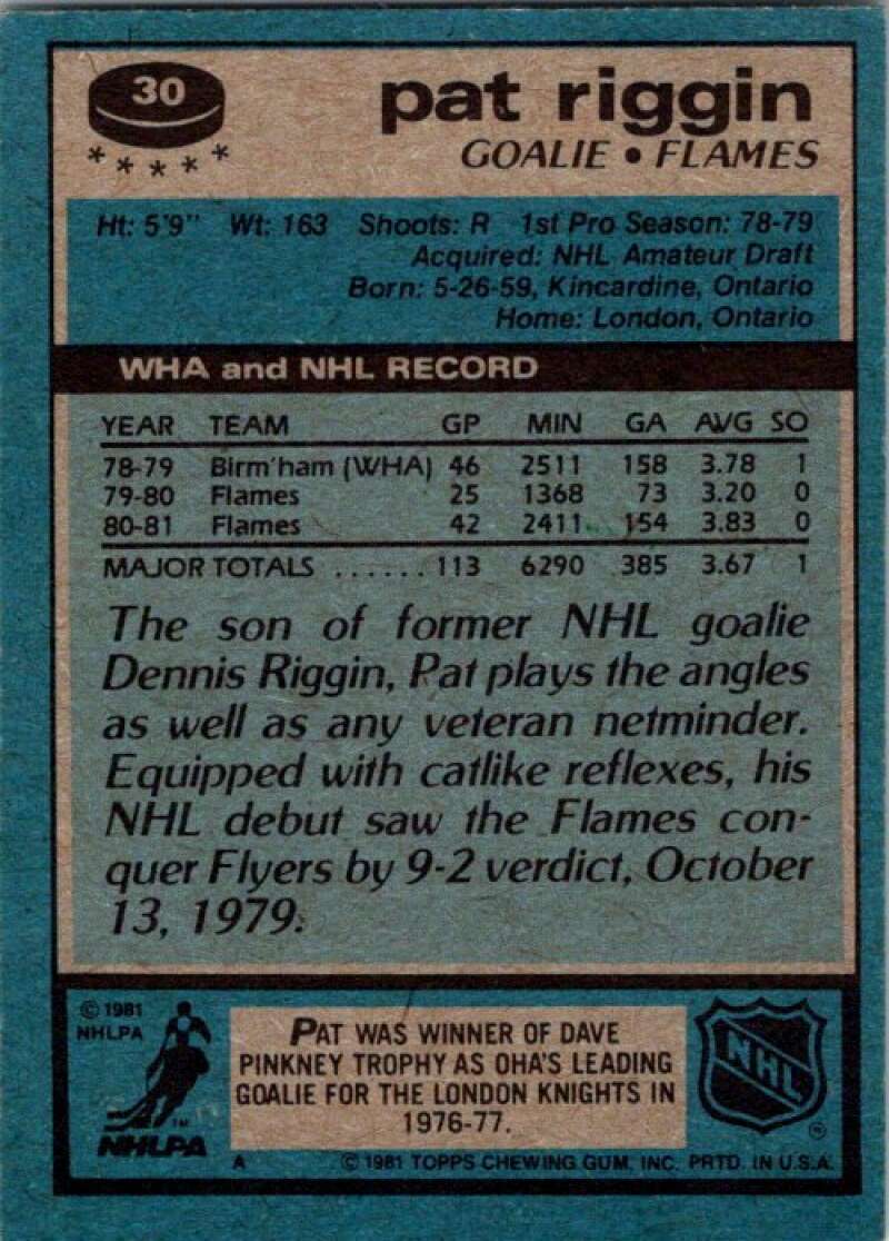 1981-82 Topps #30 Pat Riggin RC Rookie Calgary Flames V52262 Image 2
