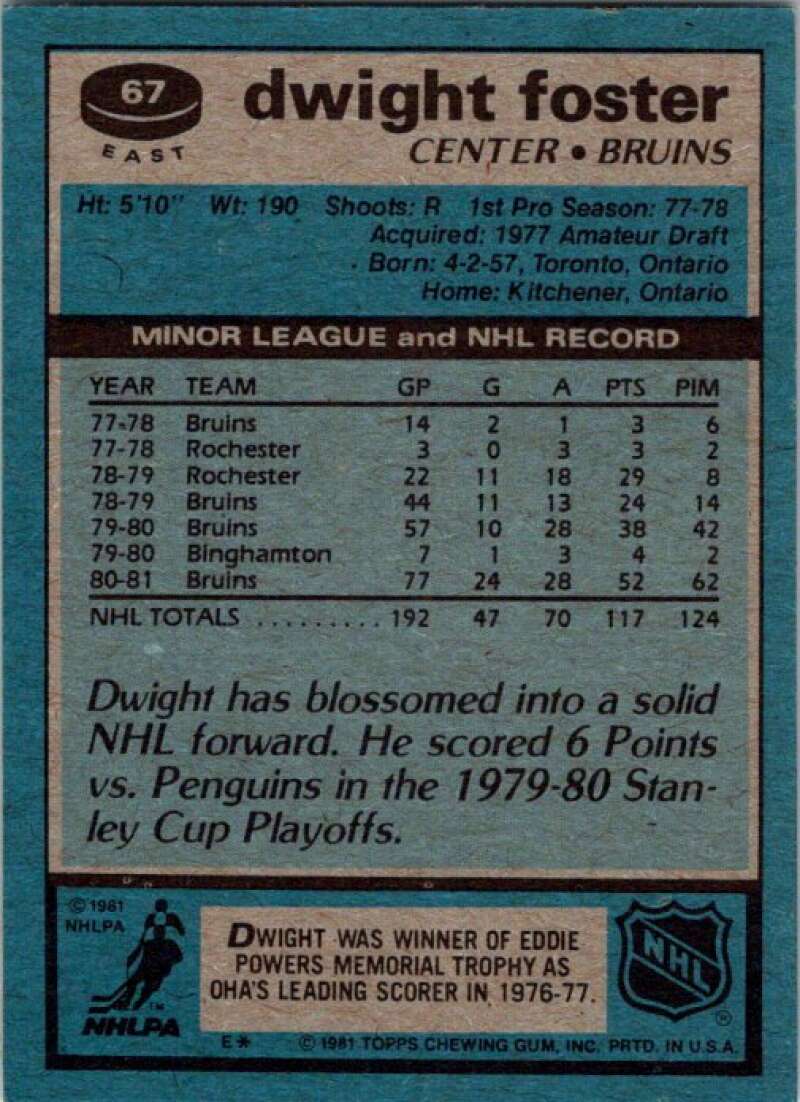 1981-82 Topps #E67 Dwight Foster Boston Bruins V52386 Image 2