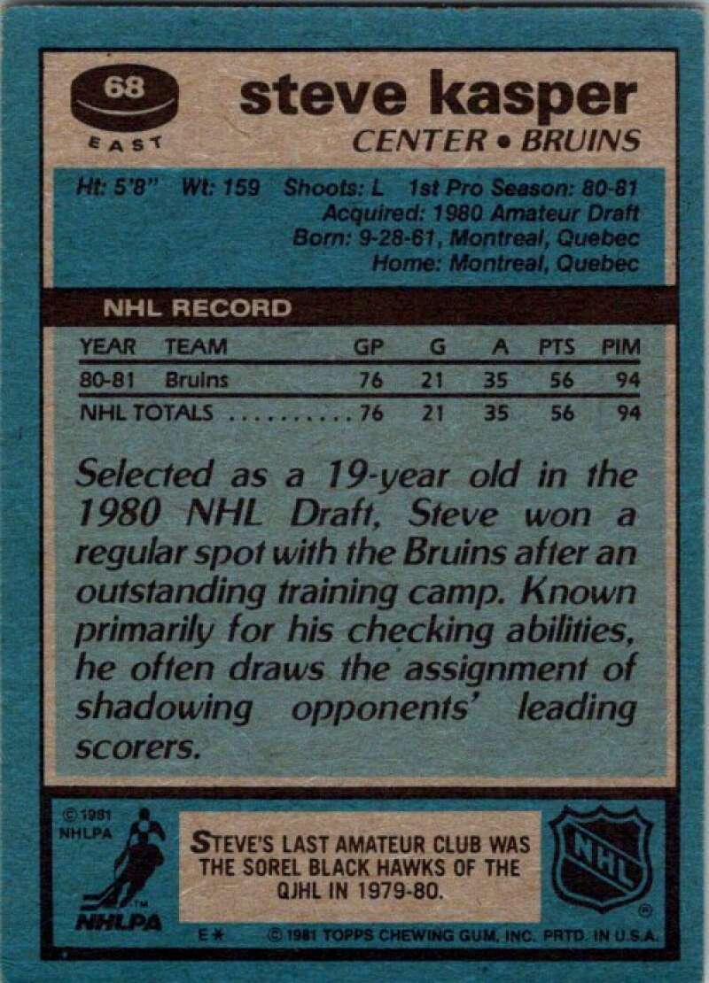 1981-82 Topps #E68 Steve Kasper RC Rookie Boston Bruins V52389 Image 2