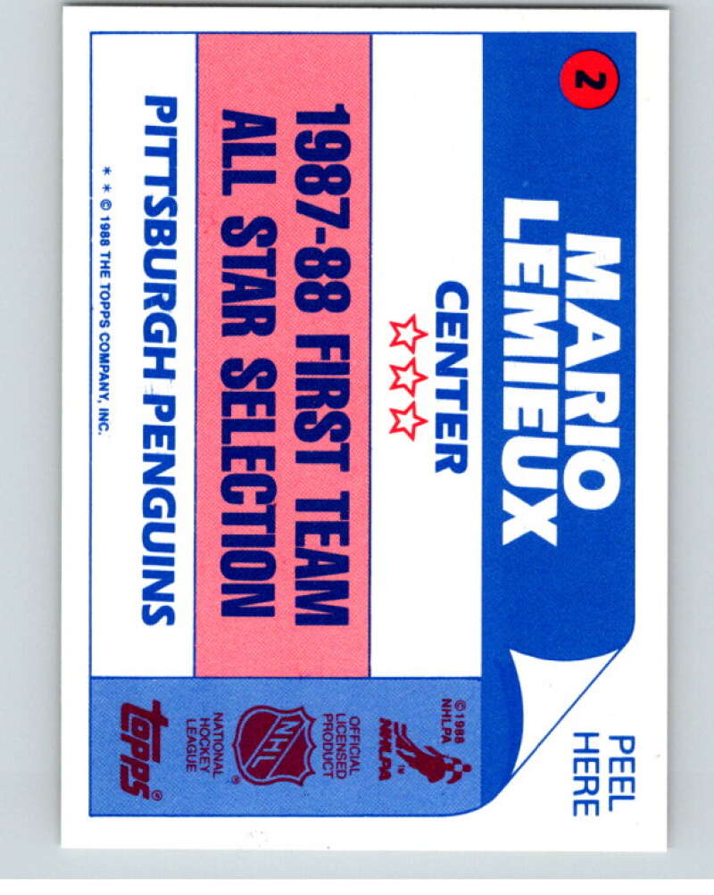 1988-89 Topps Stickers #2 Mario Lemieux Pittsburgh Penguins V53009 Image 2