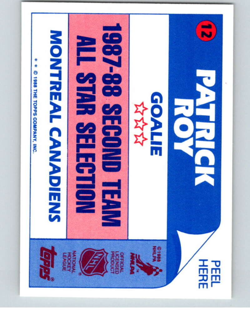 1988-89 Topps Stickers #12 Patrick Roy Montreal Canadiens V53040 Image 2