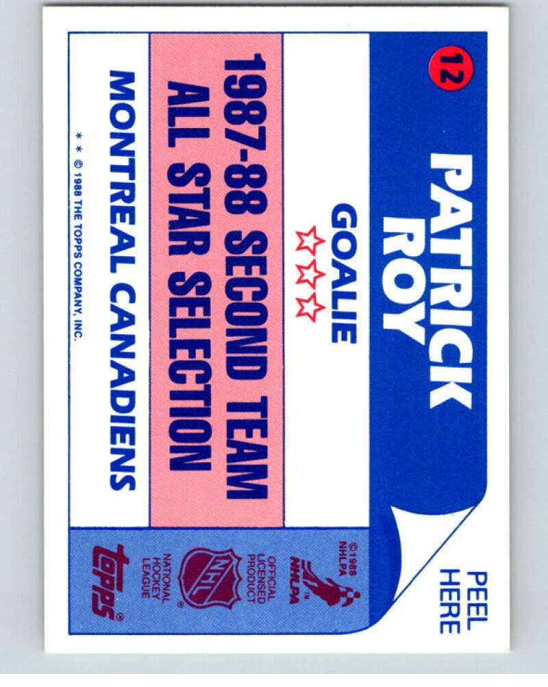 1988-89 Topps Stickers #12 Patrick Roy Montreal Canadiens V53041 Image 2