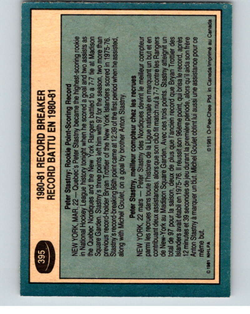 1981-82 O-Pee-Chee #395 Peter Stastny RB Quebec Nordiques V53194 Image 2