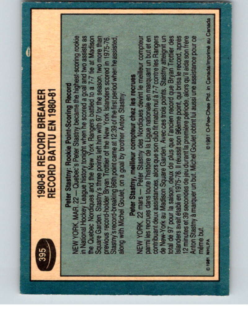 1981-82 O-Pee-Chee #395 Peter Stastny RB Quebec Nordiques V53195 Image 2