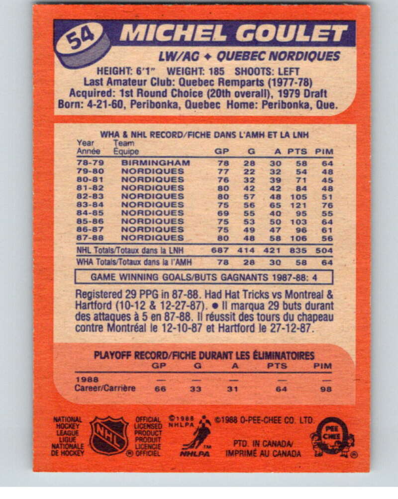 1988-89 O-Pee-Chee #54 Michel Goulet Quebec Nordiques V53395 Image 2