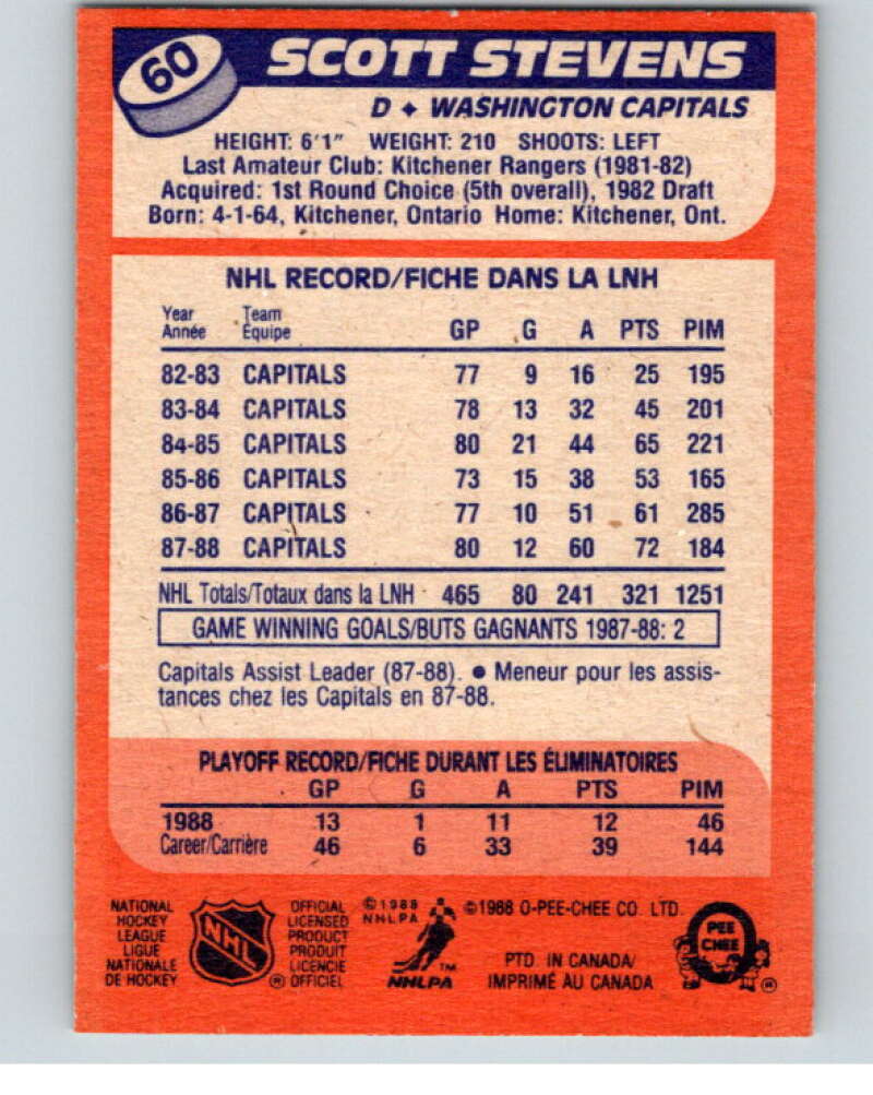 1988-89 O-Pee-Chee #60 Scott Stevens Washington Capitals V53410 Image 2