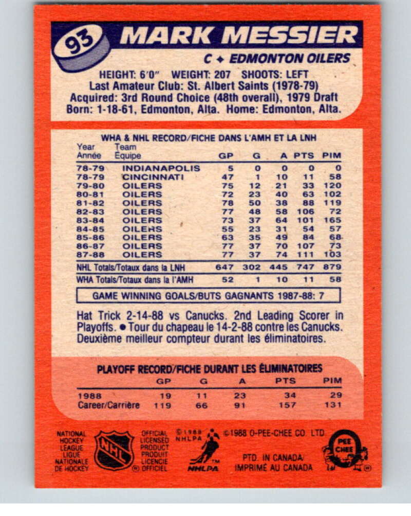 1988-89 O-Pee-Chee #93 Mark Messier Edmonton Oilers V53474 Image 2