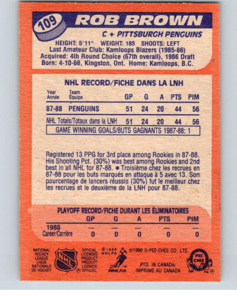 1988-89 O-Pee-Chee #109 Rob Brown RC Rookie Pittsburgh Penguins V53501 Image 2