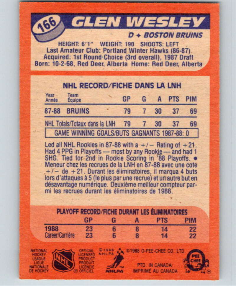 1988-89 O-Pee-Chee #166 Glen Wesley RC Rookie Boston Bruins V53594 Image 2