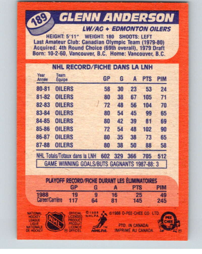 1988-89 O-Pee-Chee #189 Glenn Anderson Edmonton Oilers V53628 Image 2