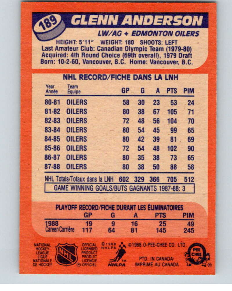 1988-89 O-Pee-Chee #189 Glenn Anderson Edmonton Oilers V53629 Image 2