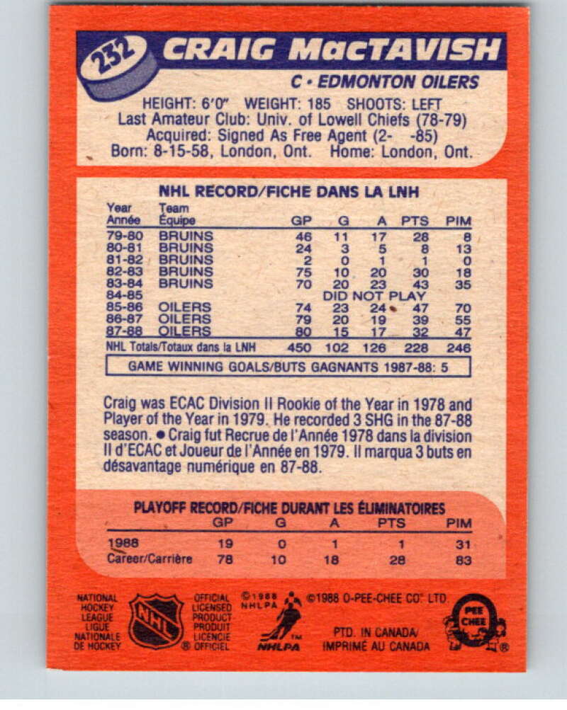 1988-89 O-Pee-Chee #232 Craig MacTavish Edmonton Oilers V53720 Image 2