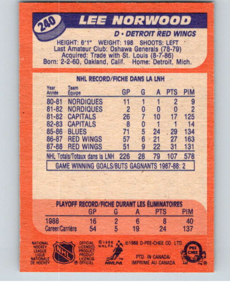 1988-89 O-Pee-Chee #240 Lee Norwood RC Rookie Detroit Red Wings V53740 Image 2