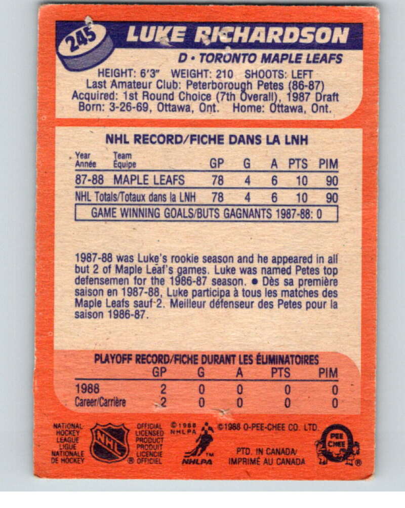 1988-89 O-Pee-Chee #245 Luke Richardson RC Rookie V53753 Image 2