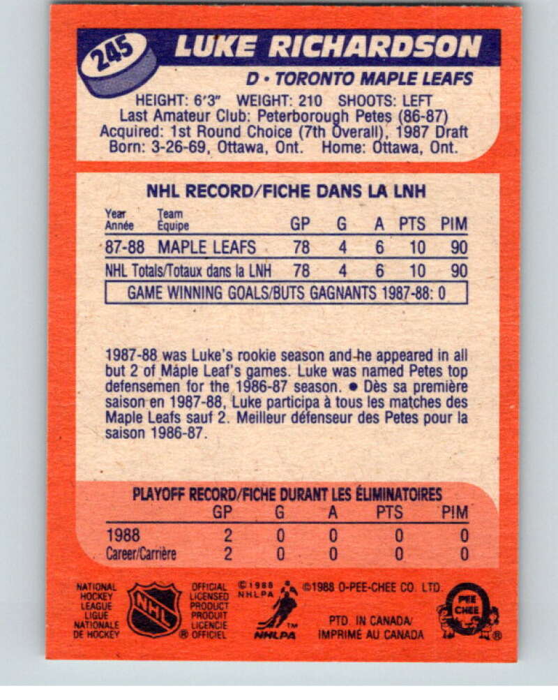 1988-89 O-Pee-Chee #245 Luke Richardson RC Rookie V53754 Image 2