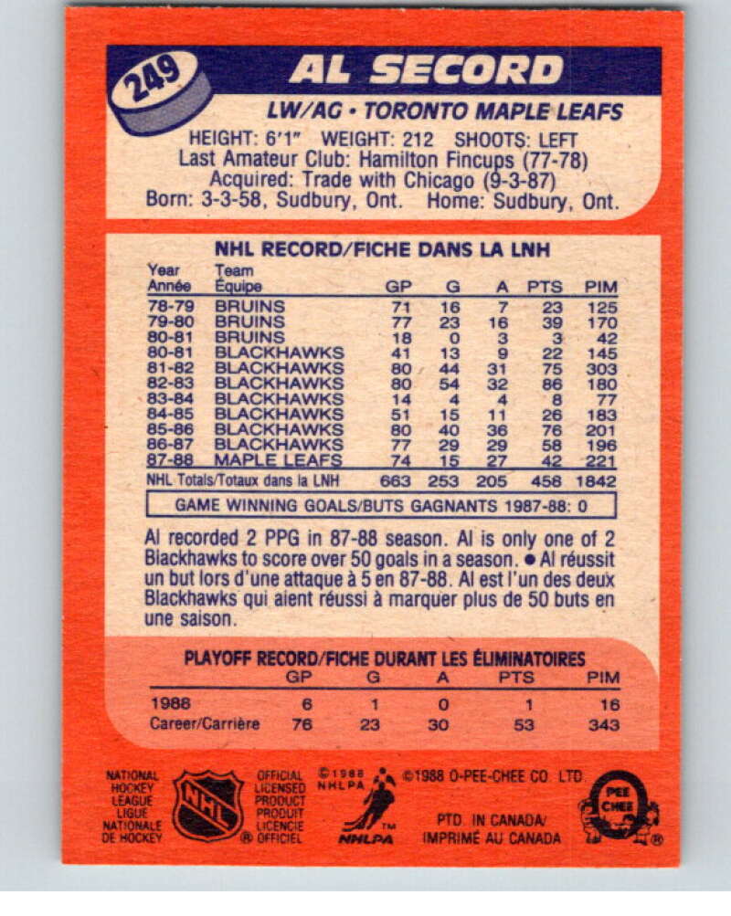 1988-89 O-Pee-Chee #249 Al Secord Toronto Maple Leafs V53768 Image 2