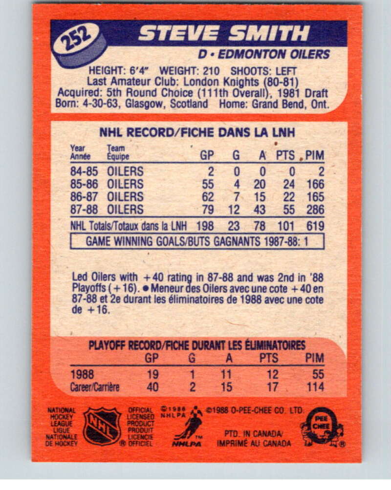 1988-89 O-Pee-Chee #252 Steve Smith UER RC Rookie V53780 Image 2