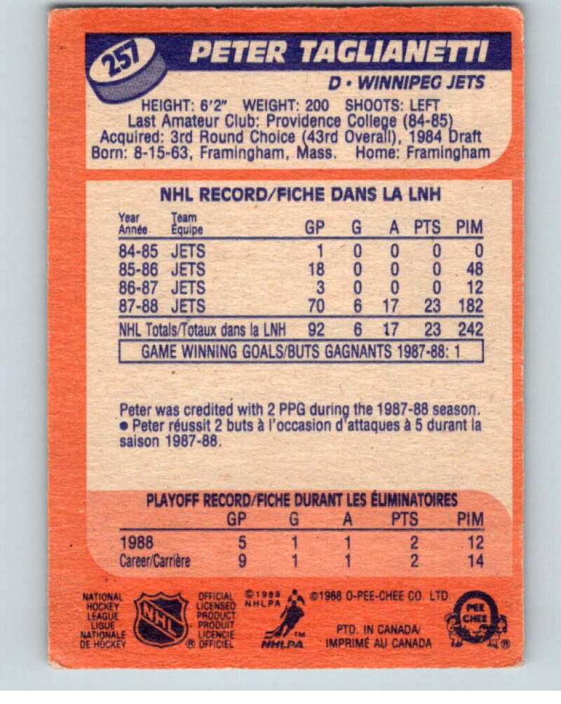 1988-89 O-Pee-Chee #257 Peter Taglianetti RC Rookie Winnipeg Jets V53792 Image 2
