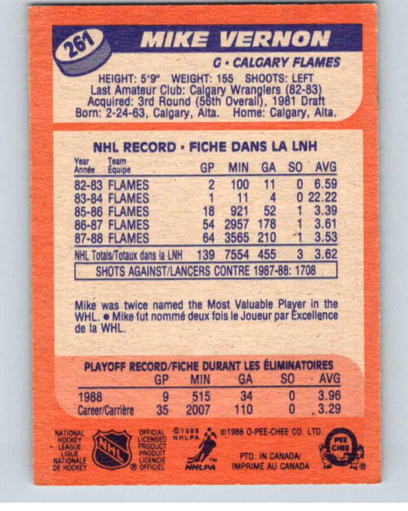 1988-89 O-Pee-Chee #261 Mike Vernon Calgary Flames V53799 Image 2