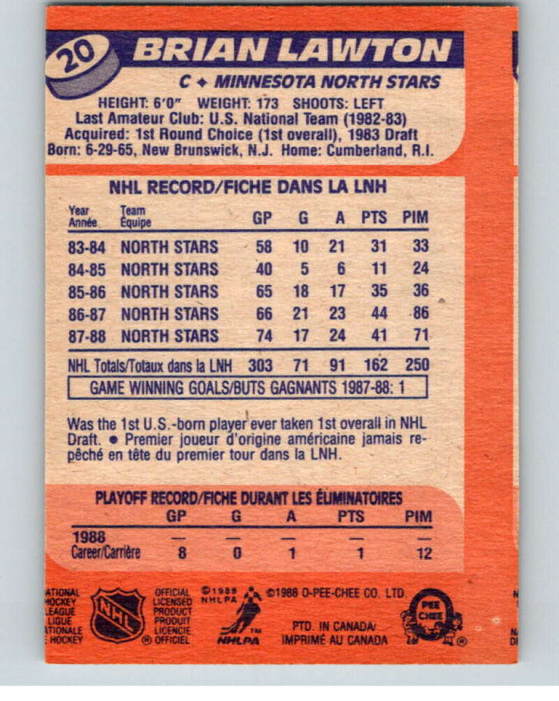 1988-89 O-Pee-Chee #20 Brian Lawton Minnesota North Stars V53813 Image 2