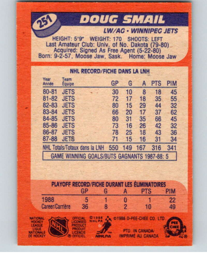1988-89 O-Pee-Chee #251 Doug Smail Winnipeg Jets V53956 Image 2
