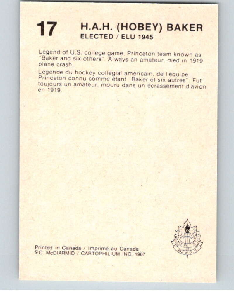 1987 Cartophilium Hockey Hall of Fame #17 H.A.H Baker V53979 Image 2