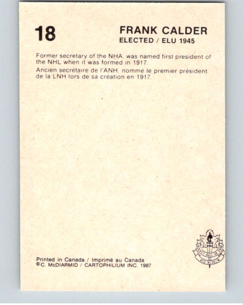 1987 Cartophilium Hockey Hall of Fame #18 Frank Calder V53980 Image 2