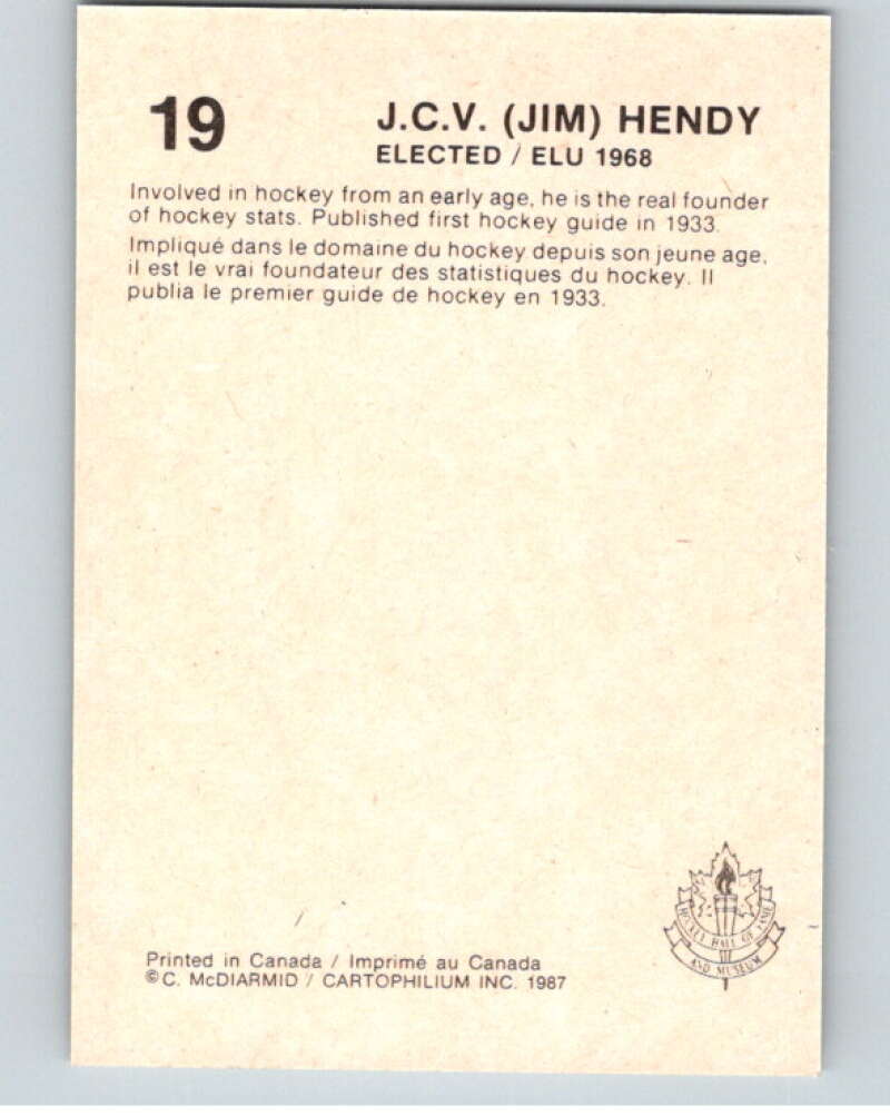 1987 Cartophilium Hockey Hall of Fame #19 Jim Hendy V53981 Image 2