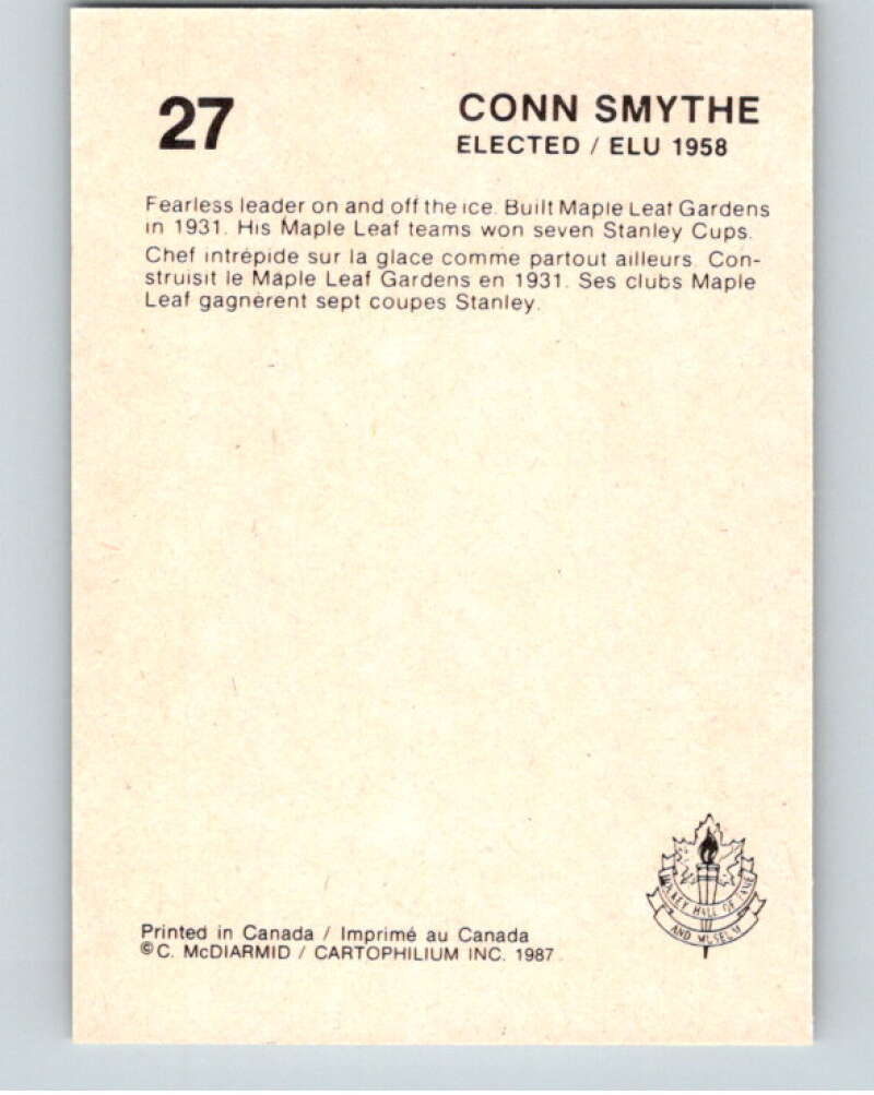 1987 Cartophilium Hockey Hall of Fame #27 Conn Smyth V53989 Image 2