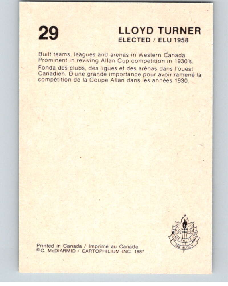 1987 Cartophilium Hockey Hall of Fame #29 Llyod Turner V53991 Image 2