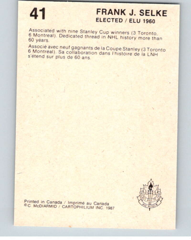 1987 Cartophilium Hockey Hall of Fame #41 Frank J Selke V54003 Image 2