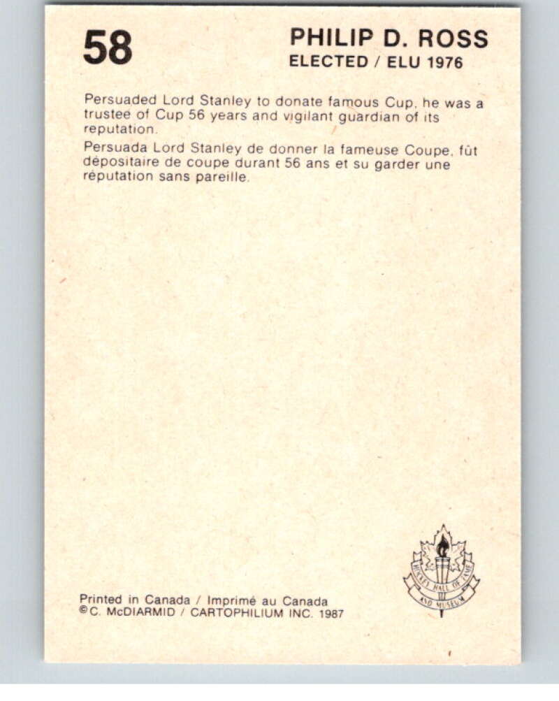 1987 Cartophilium Hockey Hall of Fame #58 Philip Ross V54020 Image 2