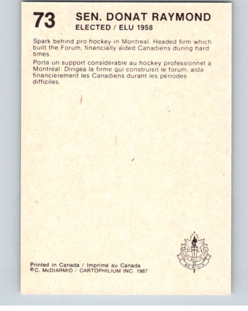 1987 Cartophilium Hockey Hall of Fame #73 Donat Raymond V54035 Image 2
