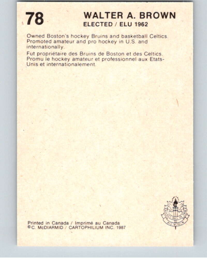 1987 Cartophilium Hockey Hall of Fame #78 Walter Brown V54040 Image 2