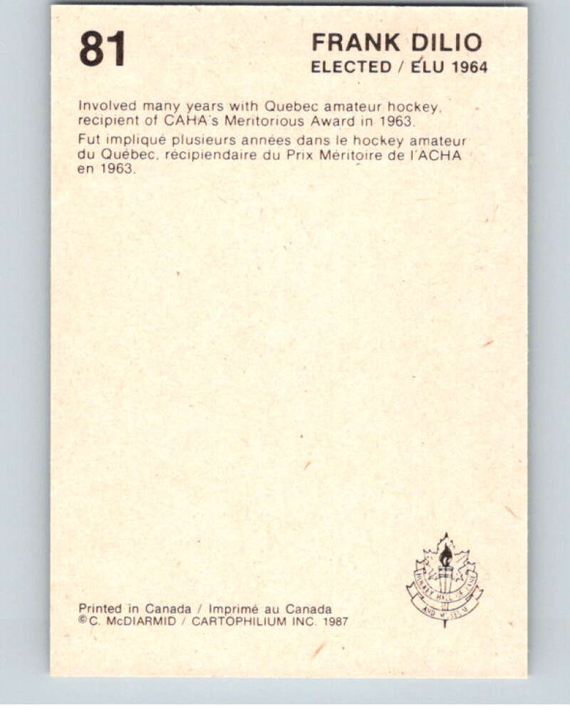 1987 Cartophilium Hockey Hall of Fame #81 Frank Dilio V54043 Image 2