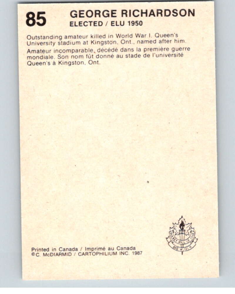 1987 Cartophilium Hockey Hall of Fame #85 George Richardson V54047 Image 2