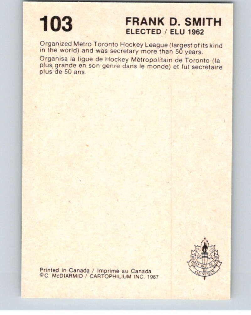 1987 Cartophilium Hockey Hall of Fame #103 Frank Smith V54065 Image 2