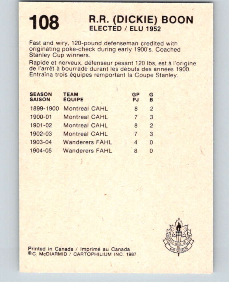 1987 Cartophilium Hockey Hall of Fame #108 Dickie Brown V54070 Image 2