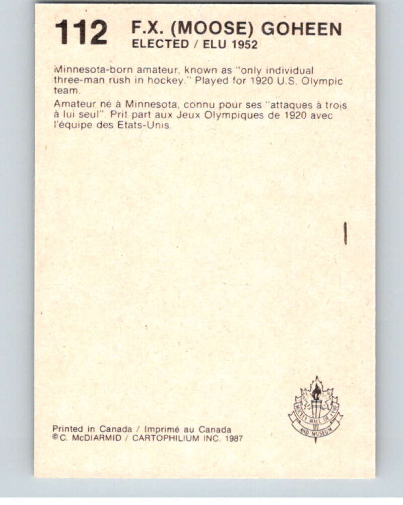 1987 Cartophilium Hockey Hall of Fame #112 Moose Goheen V54074 Image 2