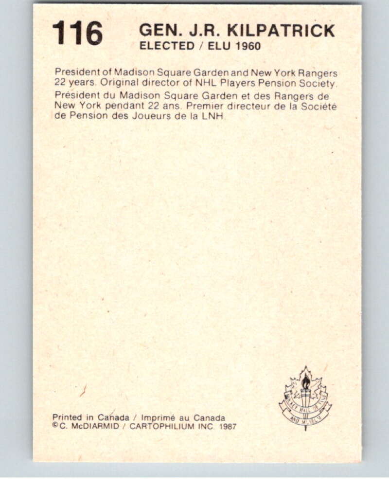 1987 Cartophilium Hockey Hall of Fame #116 Gen Kilpatrick V54078 Image 2