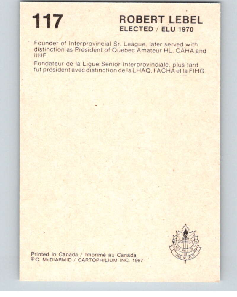 1987 Cartophilium Hockey Hall of Fame #117 Robert Lebel V54079 Image 2