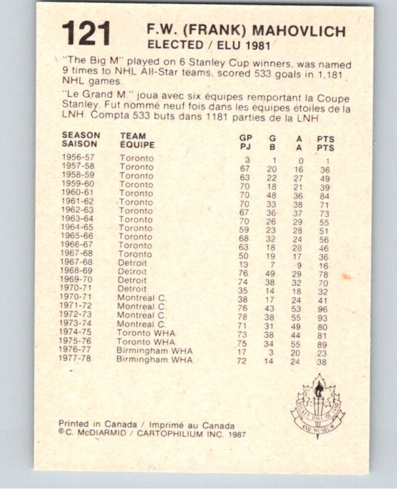1987 Cartophilium Hockey Hall of Fame #121 Frank Mahovlich V54083 Image 2