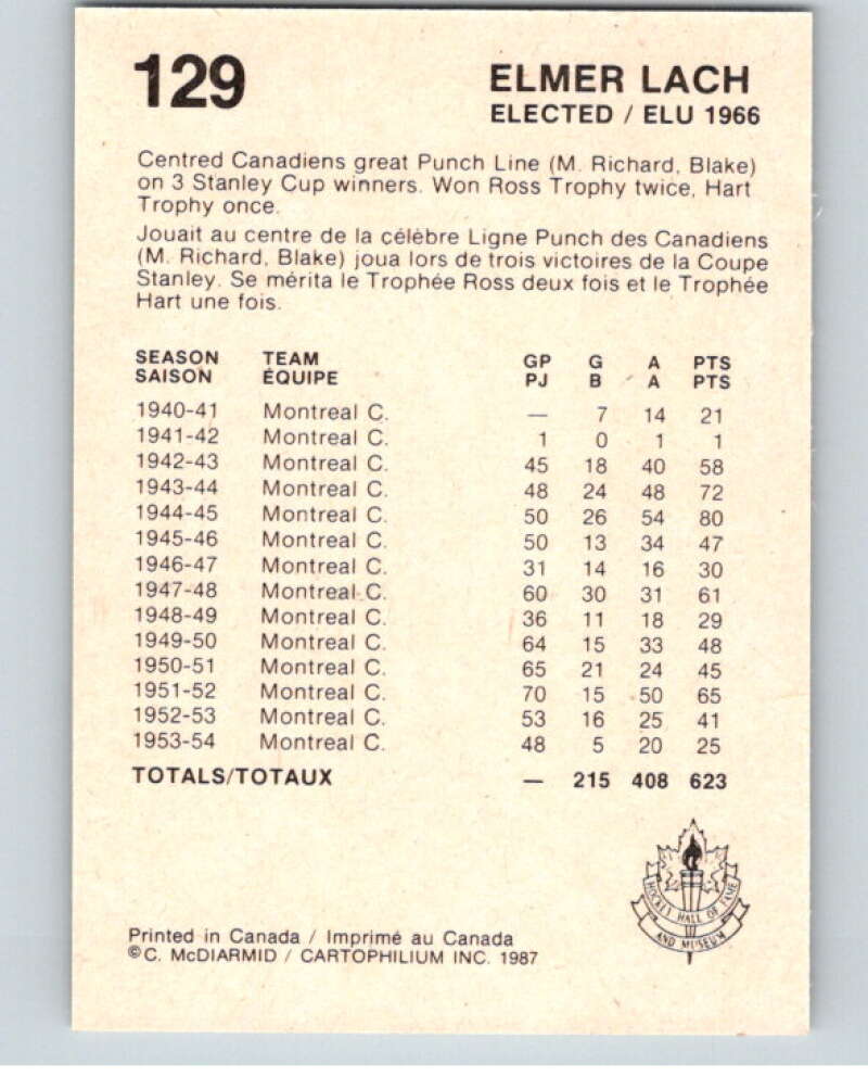 1987 Cartophilium Hockey Hall of Fame #129 Elmer Lach V54091 Image 2
