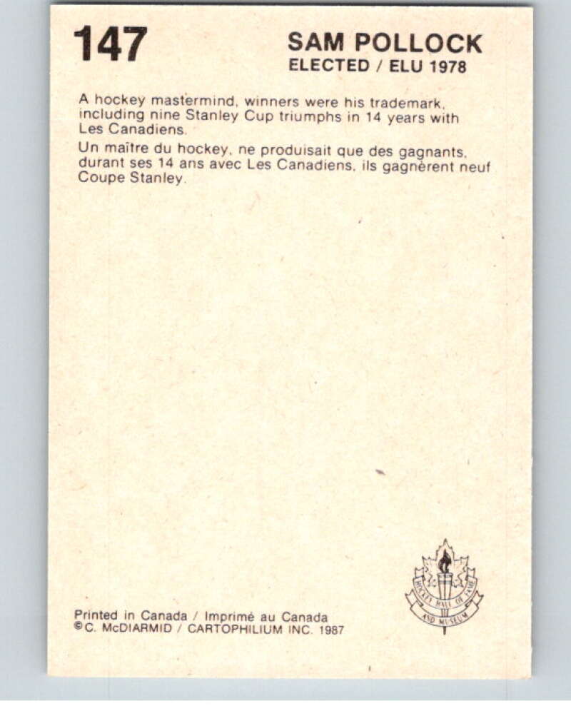 1987 Cartophilium Hockey Hall of Fame #147 Sam Pollock V54109 Image 2