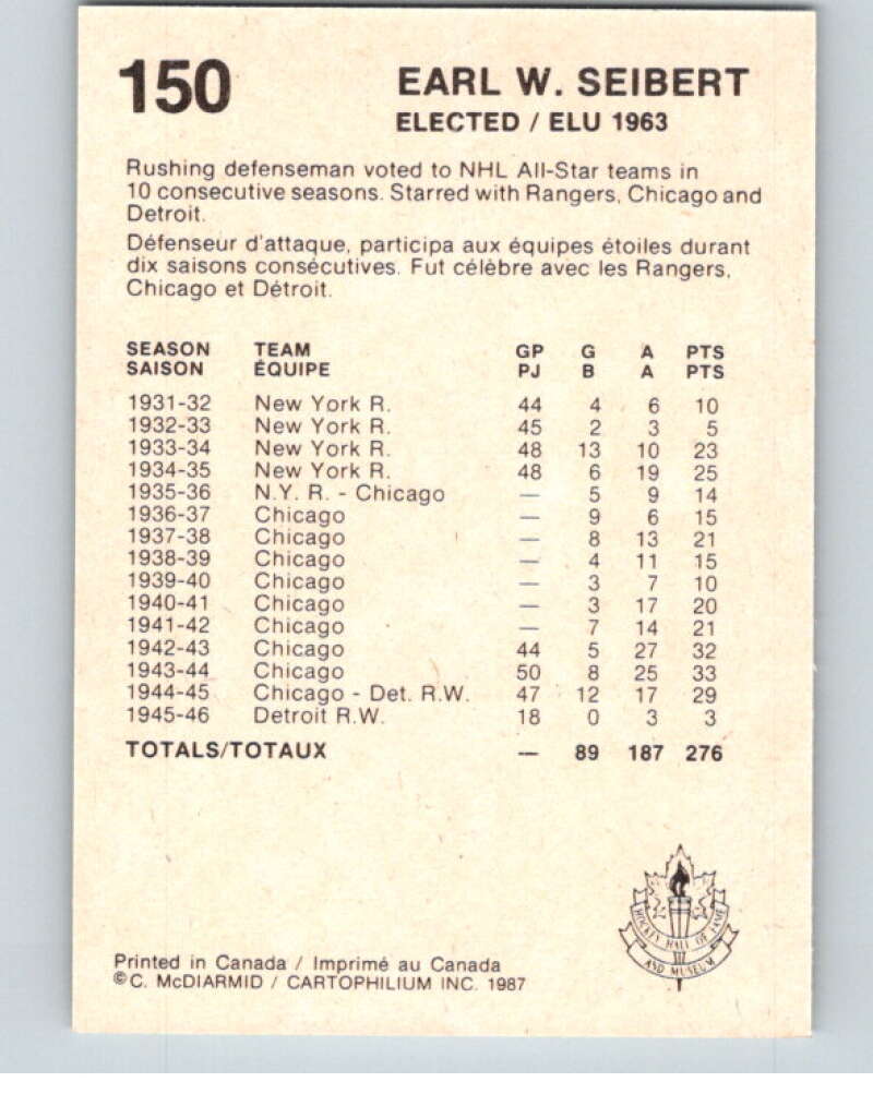 1987 Cartophilium Hockey Hall of Fame #150 Earl Seibert V54112 Image 2